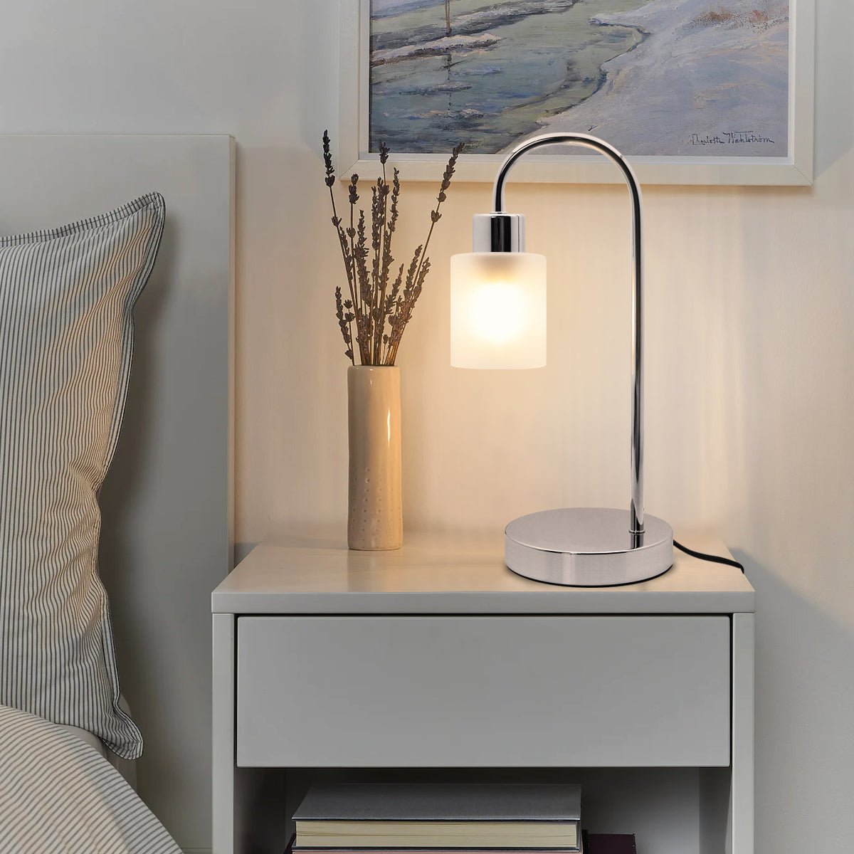 Modern Vintage Chrome Table Lamp Frosted Glass Shade - Energy Light Bulbs - Free delivery on all orders