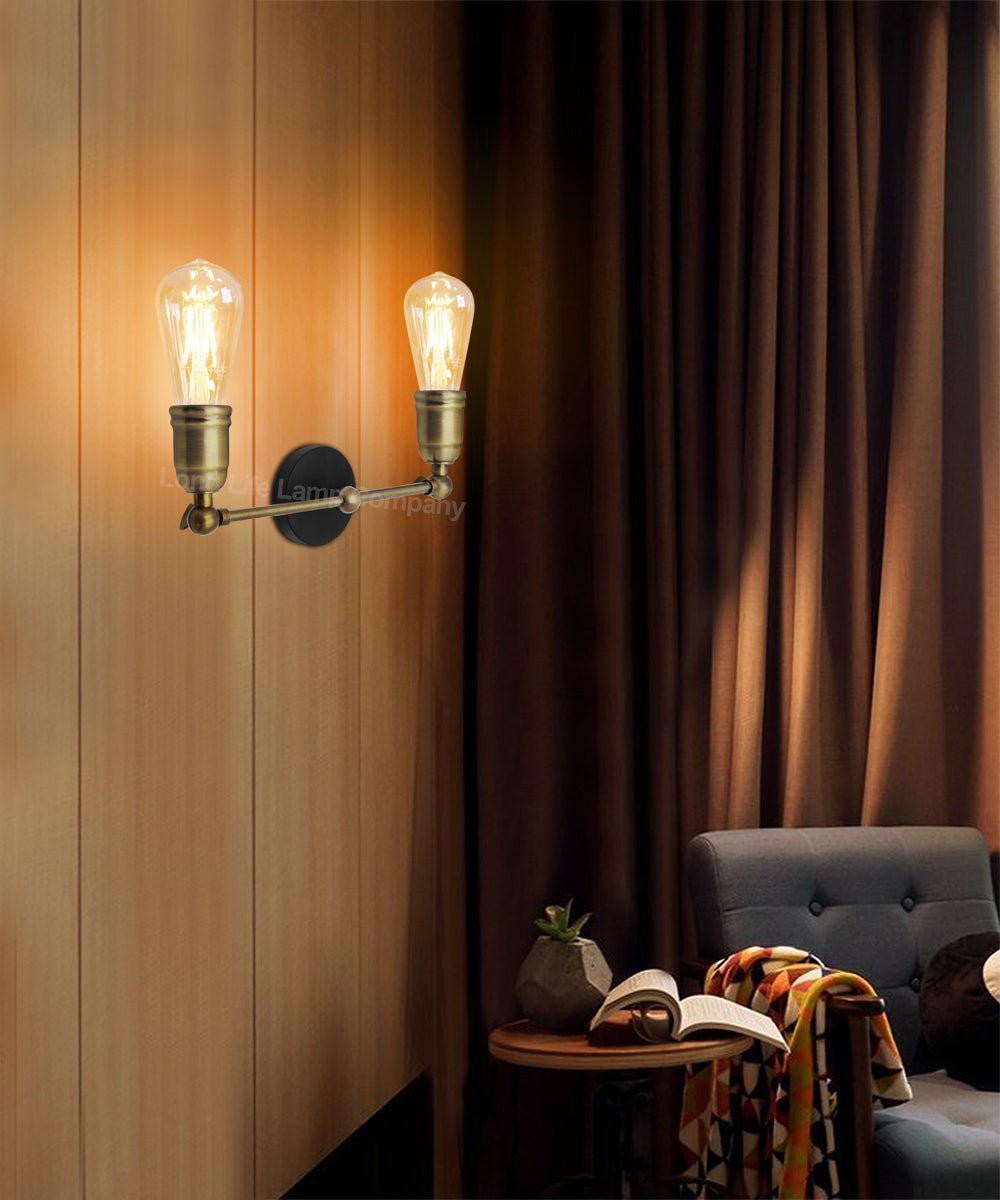 Modern Vintage Industrial Antique Brass Adjustable Double Arm Wall Light Lamp - Energy Light Bulbs - Free delivery on all orders