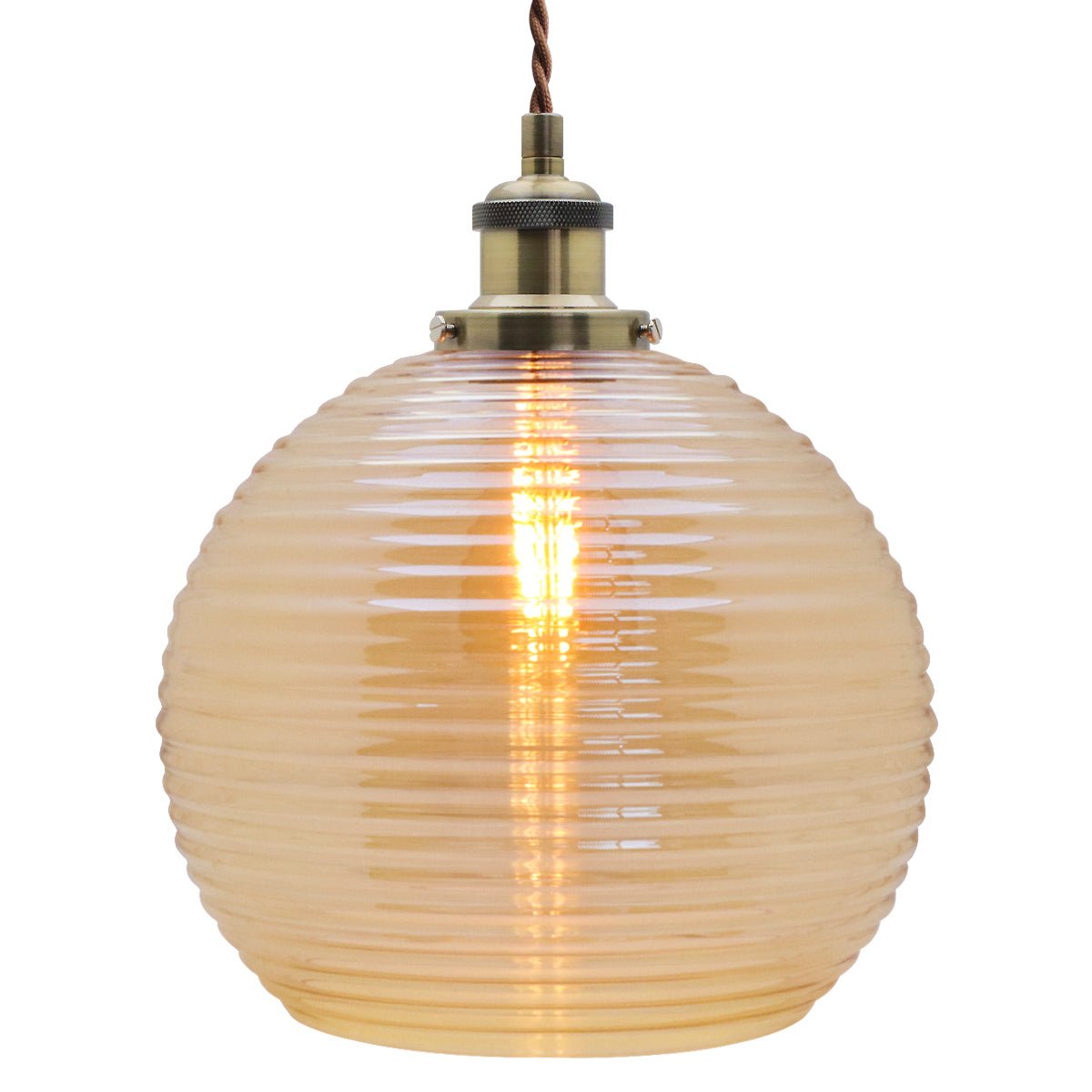 Modern Vintage Smoked Gold Ribbed Glass Globe Ceiling Pendant Lamp Shade - Energy Light Bulbs - Free delivery on all orders