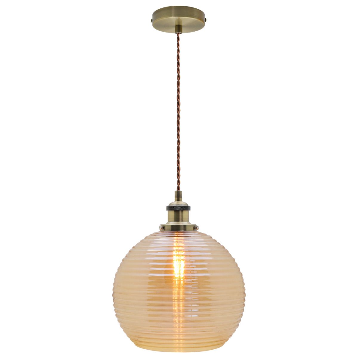 Modern Vintage Smoked Gold Ribbed Glass Globe Ceiling Pendant Lamp Shade - Energy Light Bulbs - Free delivery on all orders