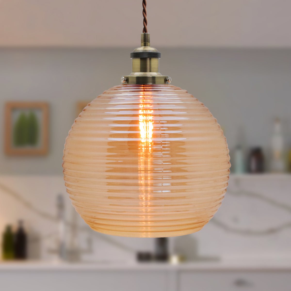 Modern Vintage Smoked Gold Ribbed Glass Globe Ceiling Pendant Lamp Shade - Energy Light Bulbs - Free delivery on all orders