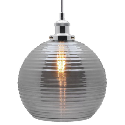 Modern Vintage Smoked Grey Ribbed Glass Globe Ceiling Pendant Lamp Shade - Energy Light Bulbs - Free delivery on all orders