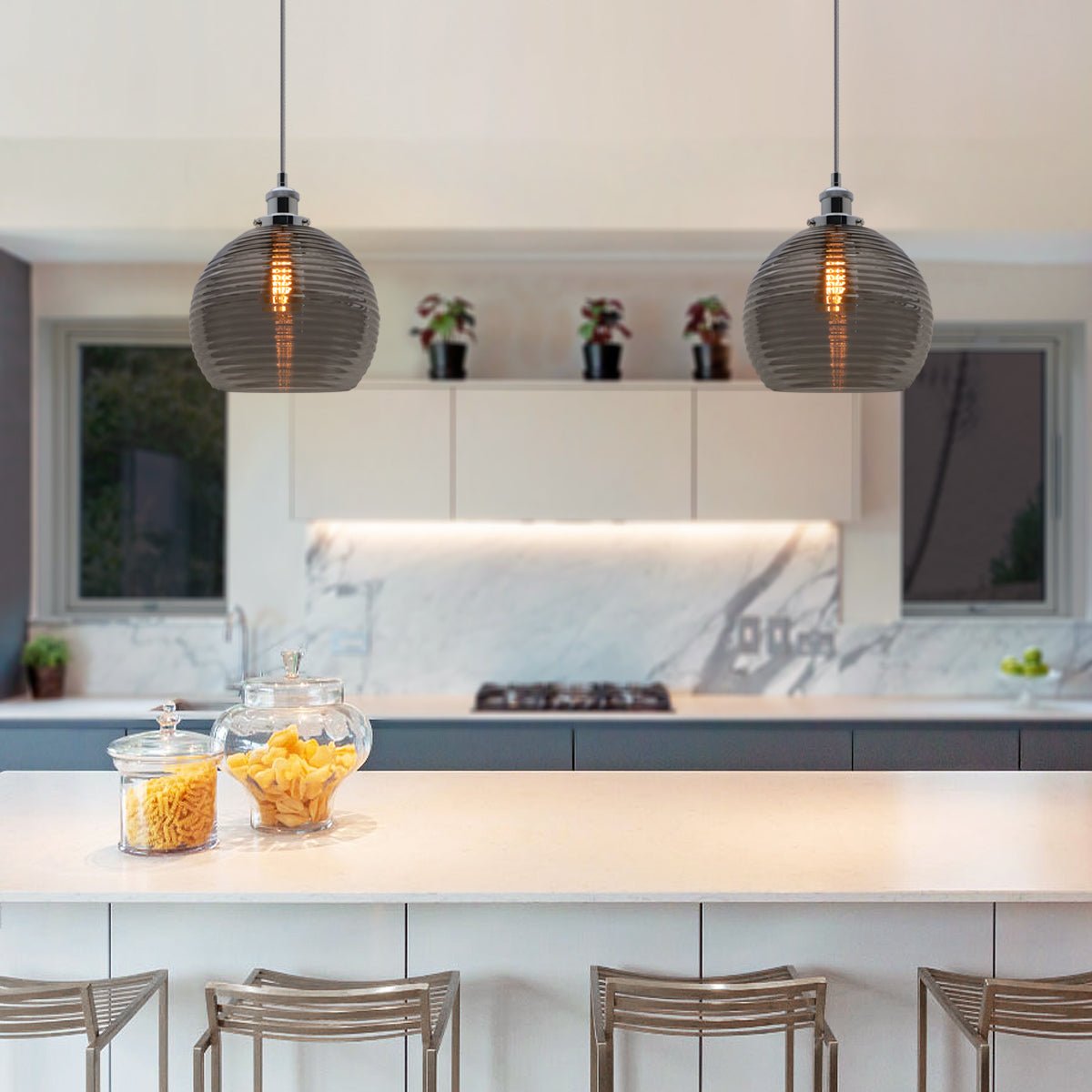 Modern Vintage Smoked Grey Ribbed Glass Globe Ceiling Pendant Lamp Shade - Energy Light Bulbs - Free delivery on all orders