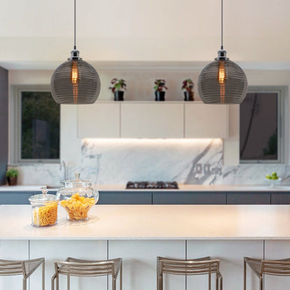 Modern Vintage Smoked Grey Ribbed Glass Globe Ceiling Pendant Lamp Shade - Energy Light Bulbs - Free delivery on all orders