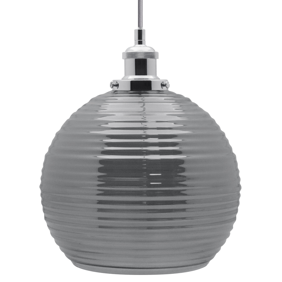Modern Vintage Smoked Grey Ribbed Glass Globe Ceiling Pendant Lamp Shade - Energy Light Bulbs - Free delivery on all orders