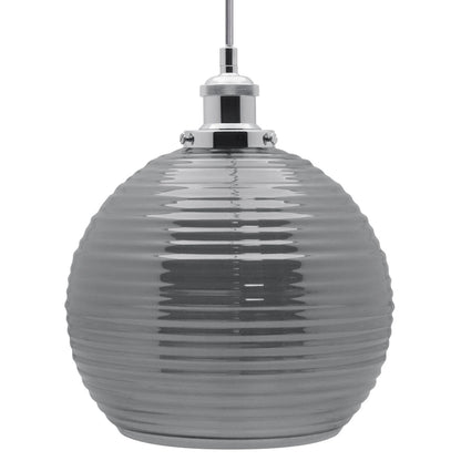 Modern Vintage Smoked Grey Ribbed Glass Globe Ceiling Pendant Lamp Shade - Energy Light Bulbs - Free delivery on all orders