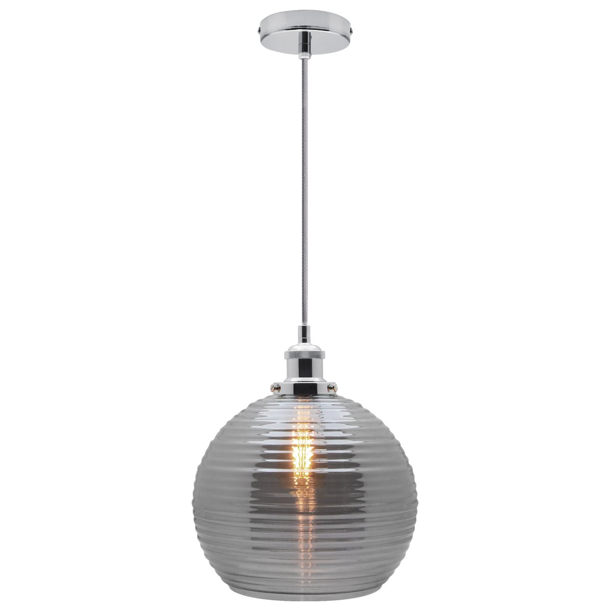 Modern Vintage Smoked Grey Ribbed Glass Globe Ceiling Pendant Lamp Shade - Energy Light Bulbs - Free delivery on all orders