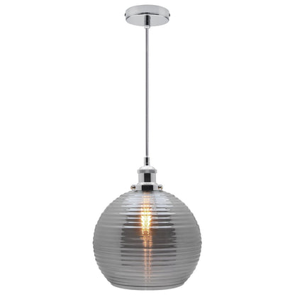 Modern Vintage Smoked Grey Ribbed Glass Globe Ceiling Pendant Lamp Shade - Energy Light Bulbs - Free delivery on all orders