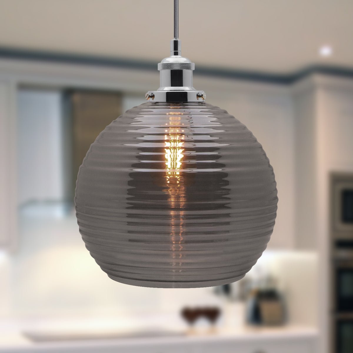 Modern Vintage Smoked Grey Ribbed Glass Globe Ceiling Pendant Lamp Shade - Energy Light Bulbs - Free delivery on all orders