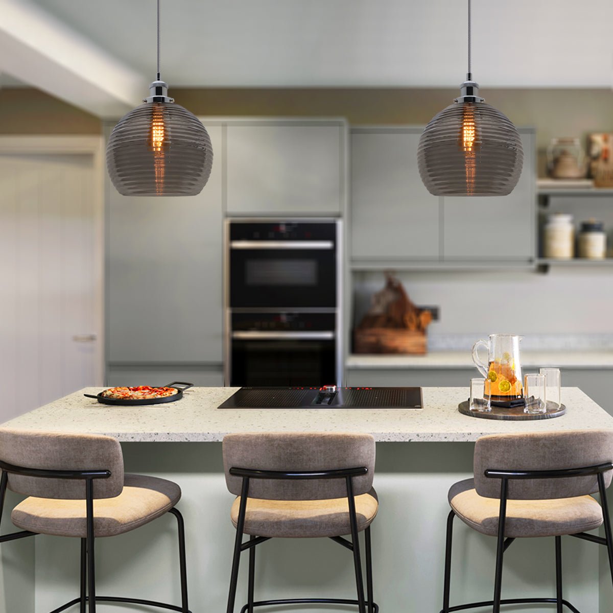 Modern Vintage Smoked Grey Ribbed Glass Globe Ceiling Pendant Lamp Shade - Energy Light Bulbs - Free delivery on all orders