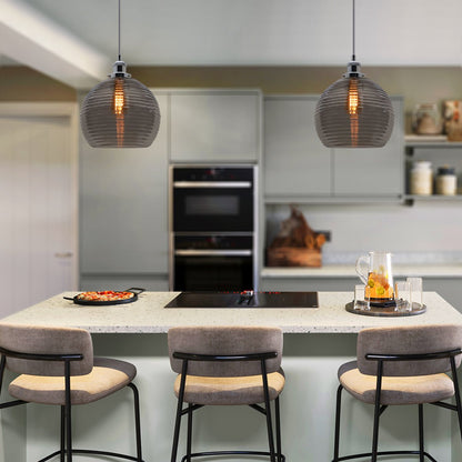 Modern Vintage Smoked Grey Ribbed Glass Globe Ceiling Pendant Lamp Shade - Energy Light Bulbs - Free delivery on all orders
