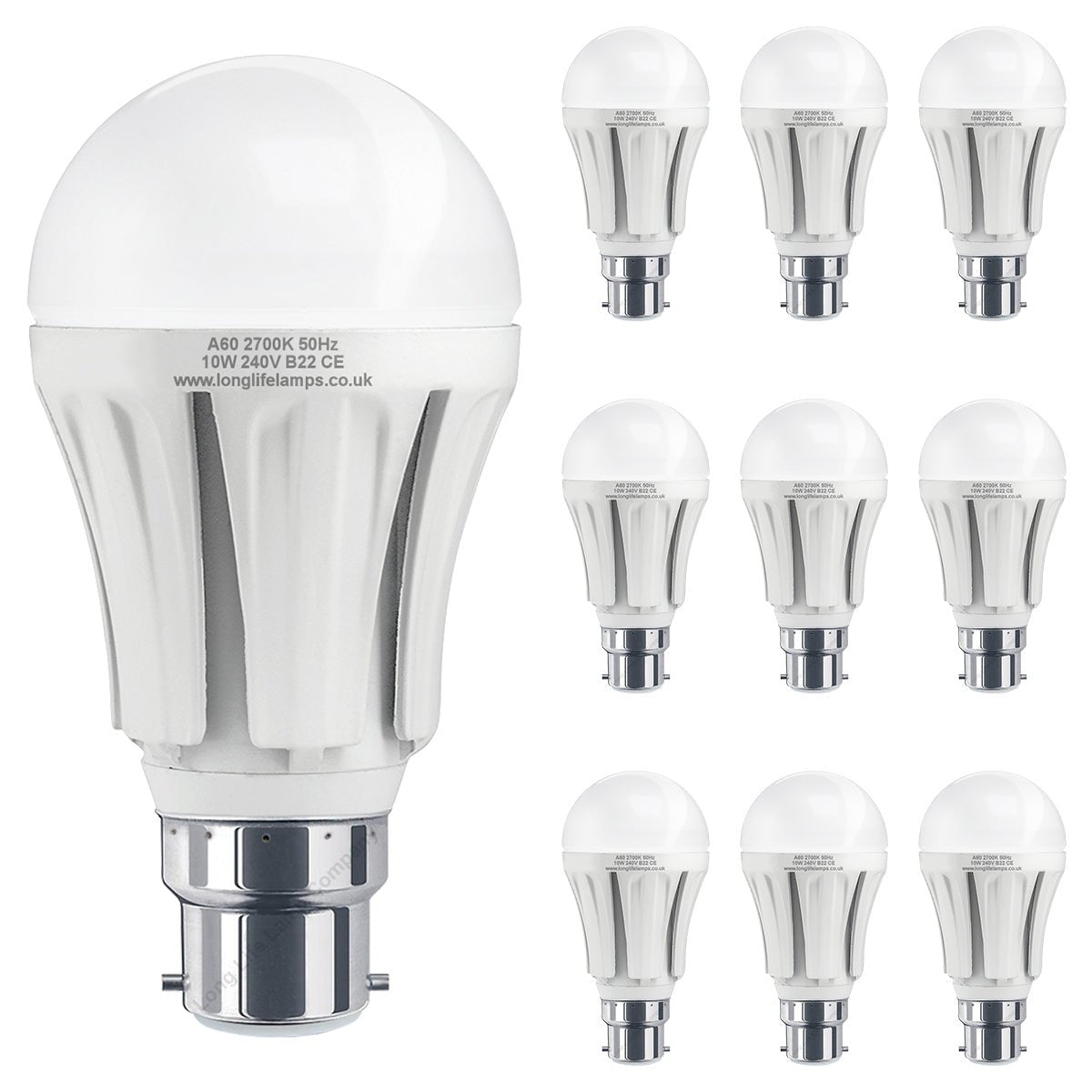 Multipack 10w B22 Bayonet Cap LED Light Bulb GLS A60 800 Lumens Warm White - Energy Light Bulbs - Free delivery on all orders