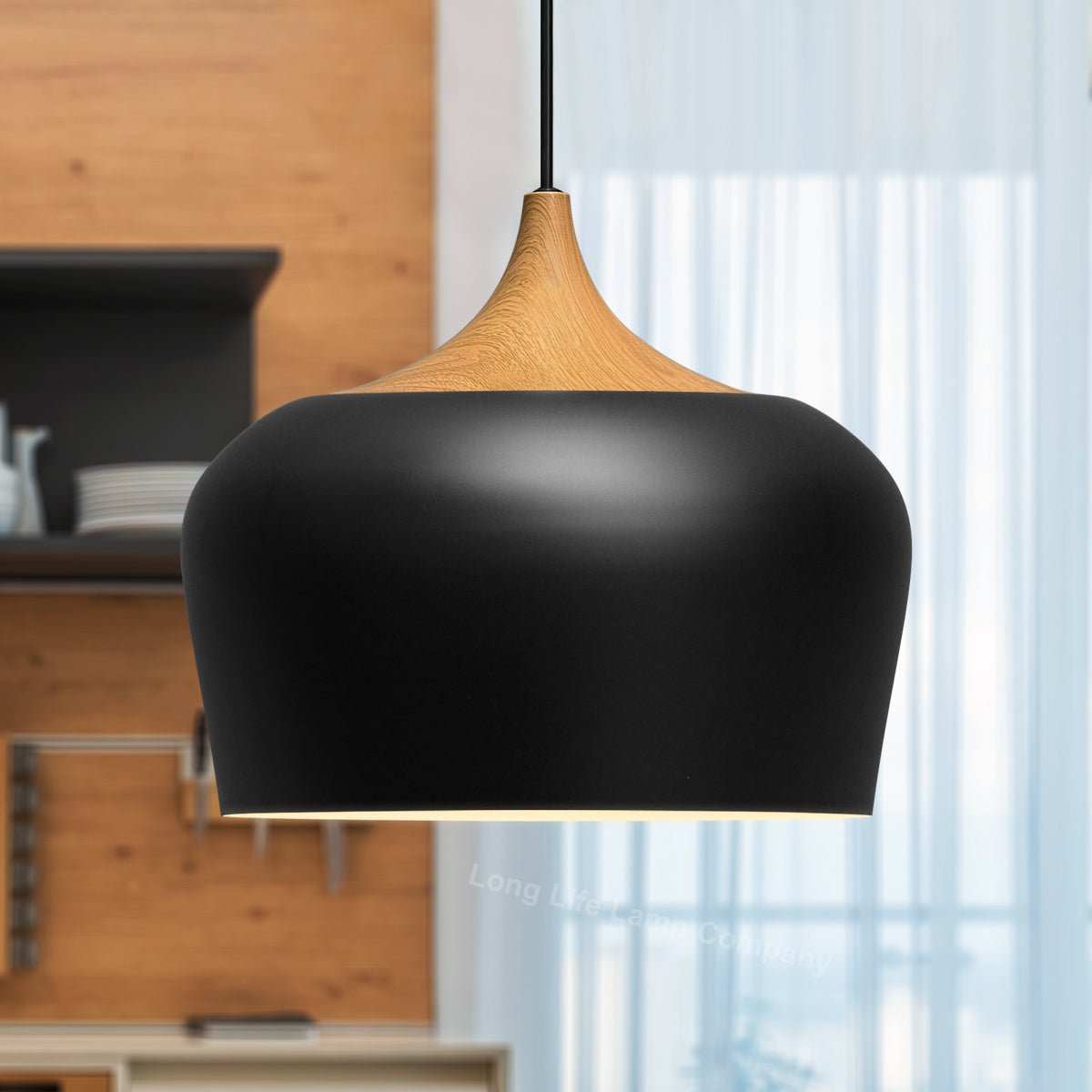 Nordic Modern Black Ceiling Pendant Light Metal Lamp Shade Wood Effect Detail - Energy Light Bulbs - Free delivery on all orders