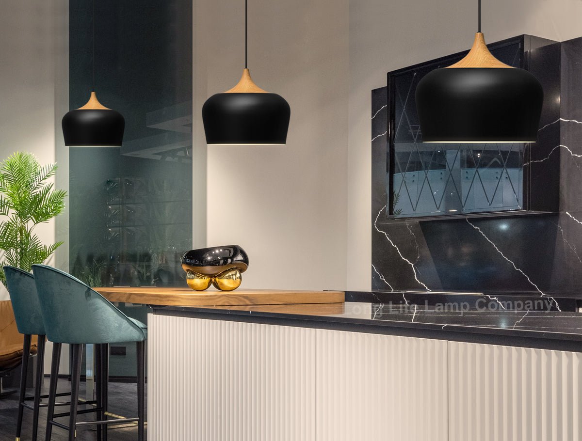 Nordic Modern Black Ceiling Pendant Light Metal Lamp Shade Wood Effect Detail - Energy Light Bulbs - Free delivery on all orders