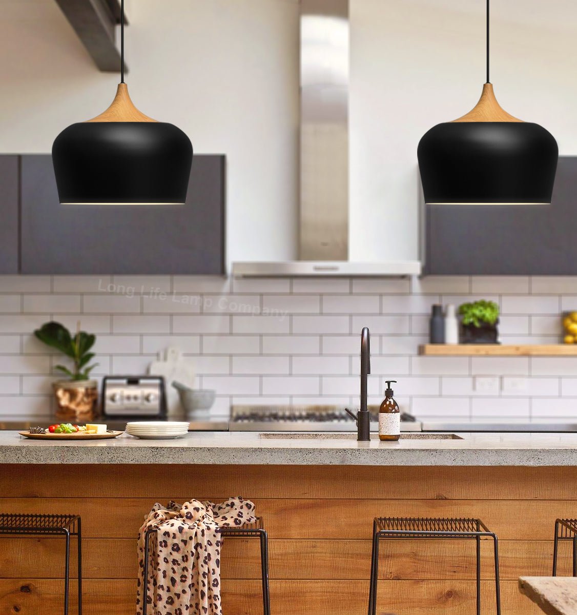 Nordic Modern Black Ceiling Pendant Light Metal Lamp Shade Wood Effect Detail - Energy Light Bulbs - Free delivery on all orders