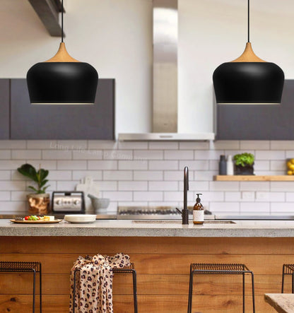 Nordic Modern Black Ceiling Pendant Light Metal Lamp Shade Wood Effect Detail - Energy Light Bulbs - Free delivery on all orders