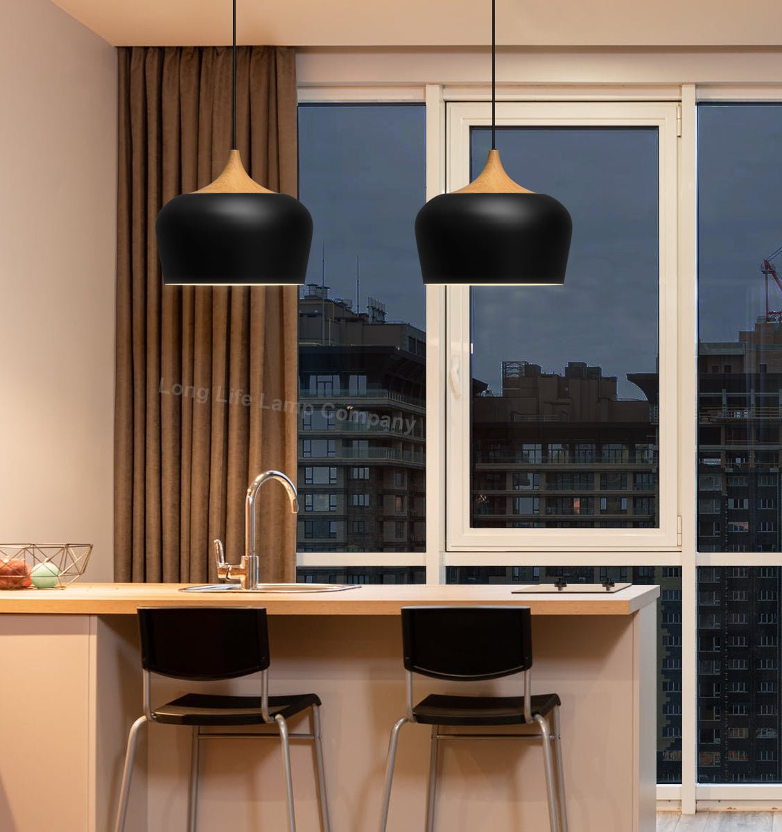 Nordic Modern Black Ceiling Pendant Light Metal Lamp Shade Wood Effect Detail - Energy Light Bulbs - Free delivery on all orders