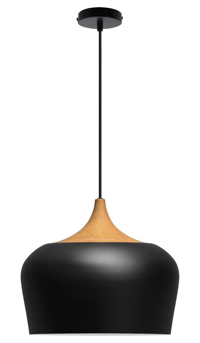 Nordic Modern Black Ceiling Pendant Light Metal Lamp Shade Wood Effect Detail - Energy Light Bulbs - Free delivery on all orders