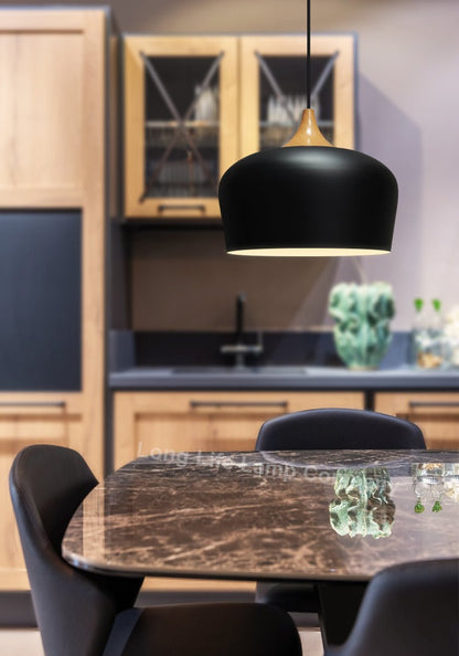 Nordic Modern Black Ceiling Pendant Light Metal Lamp Shade Wood Effect Detail - Energy Light Bulbs - Free delivery on all orders