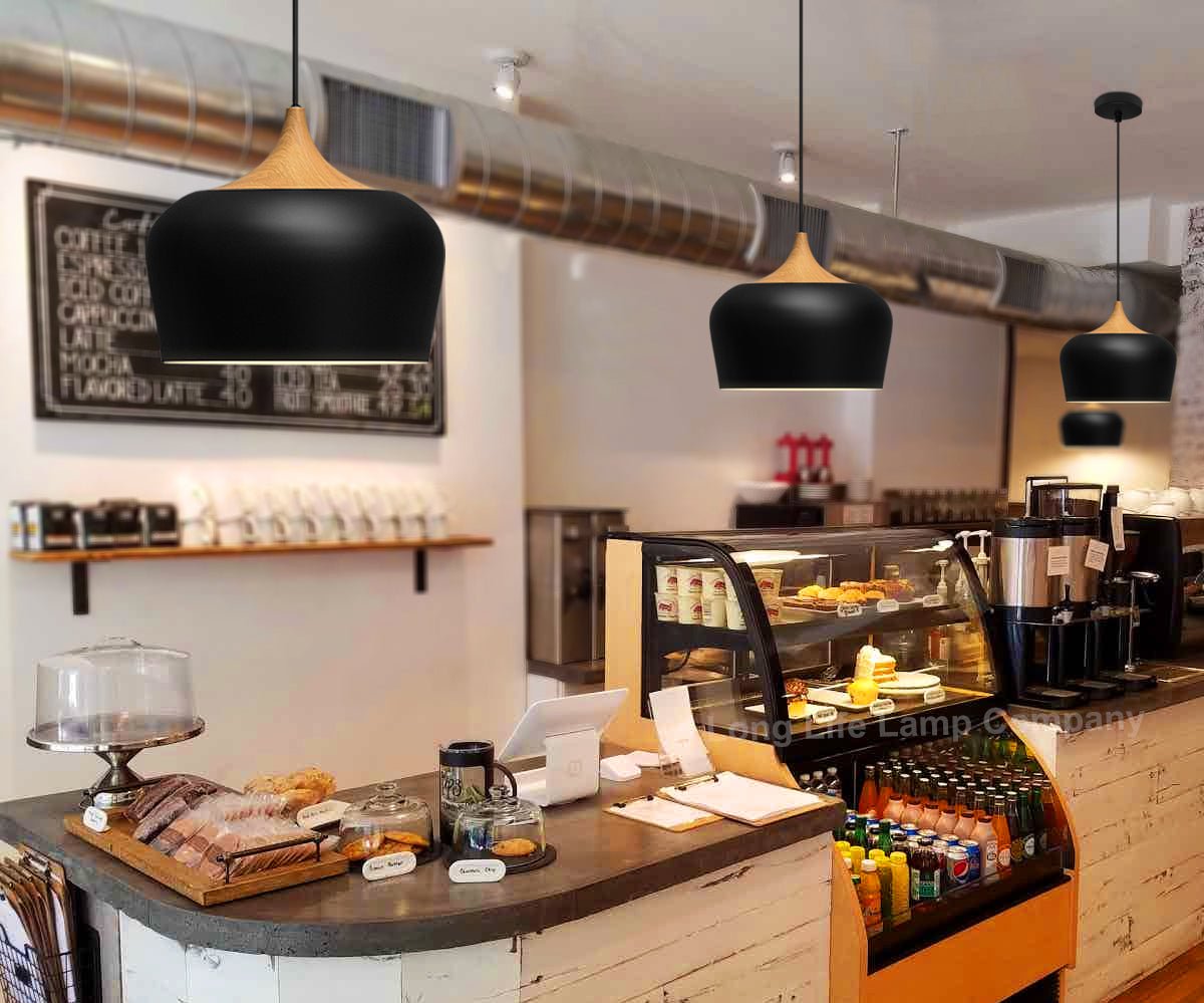Nordic Modern Black Ceiling Pendant Light Metal Lamp Shade Wood Effect Detail - Energy Light Bulbs - Free delivery on all orders