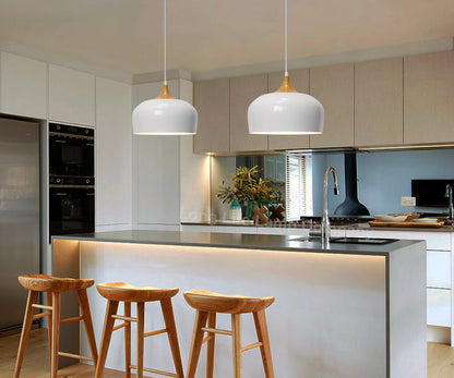 Nordic Modern Gloss White Ceiling Pendant Light Metal Lamp Shade Wood Effect Detail - Energy Light Bulbs - Free delivery on all orders