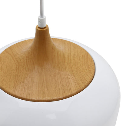 Nordic Modern Gloss White Ceiling Pendant Light Metal Lamp Shade Wood Effect Detail - Energy Light Bulbs - Free delivery on all orders