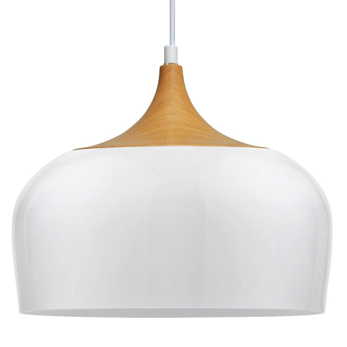 Nordic Modern Gloss White Ceiling Pendant Light Metal Lamp Shade Wood Effect Detail - Energy Light Bulbs - Free delivery on all orders