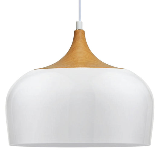 Nordic Modern Gloss White Ceiling Pendant Light Metal Lamp Shade Wood Effect Detail - Energy Light Bulbs - Free delivery on all orders