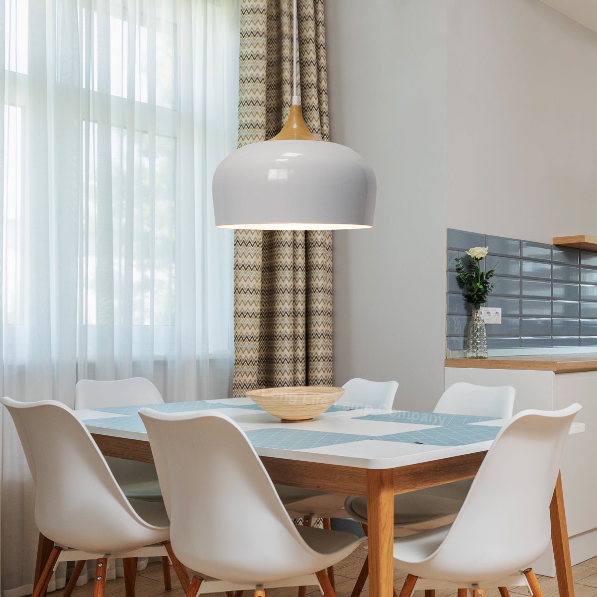 Nordic Modern Gloss White Ceiling Pendant Light Metal Lamp Shade Wood Effect Detail - Energy Light Bulbs - Free delivery on all orders