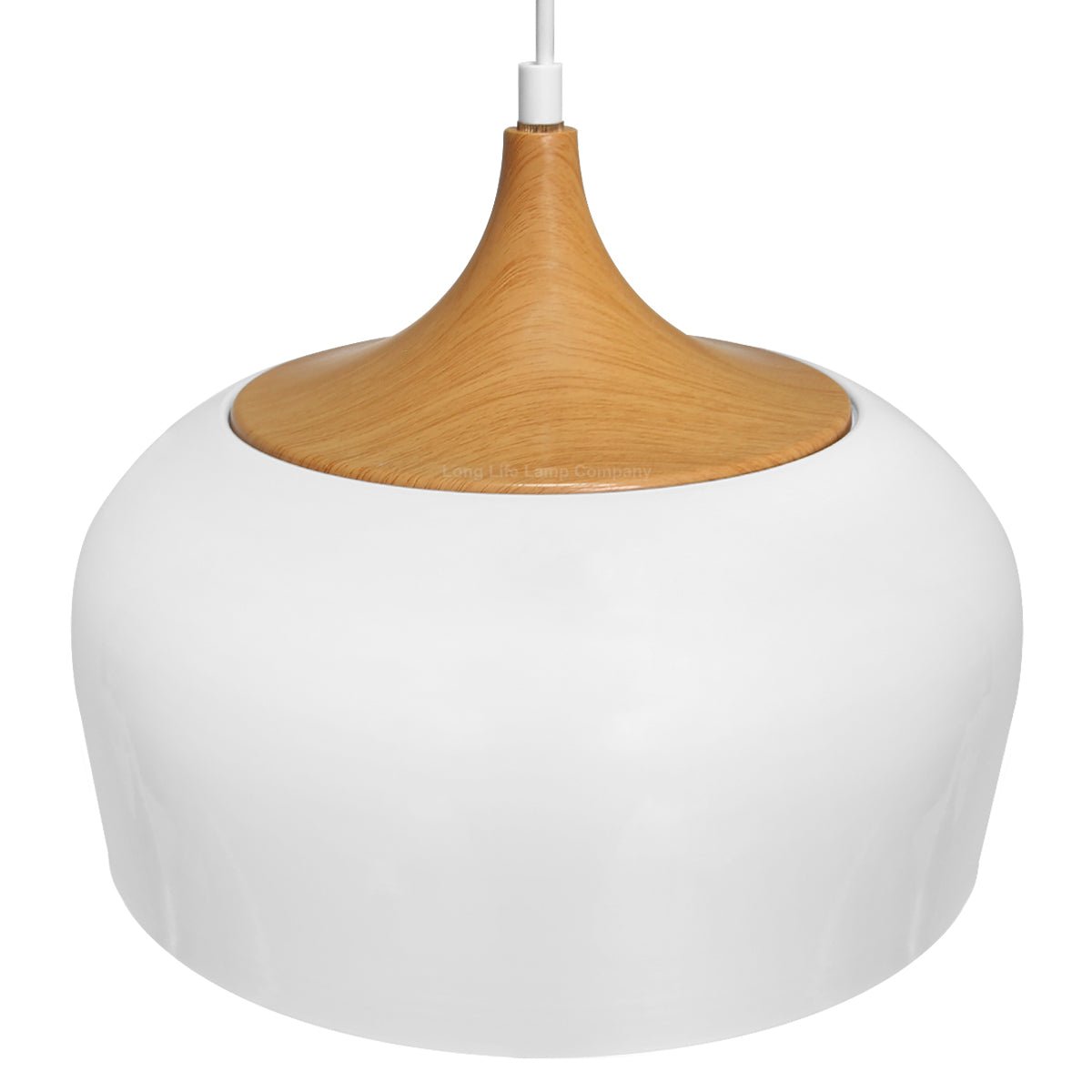 Nordic Modern Gloss White Ceiling Pendant Light Metal Lamp Shade Wood Effect Detail - Energy Light Bulbs - Free delivery on all orders