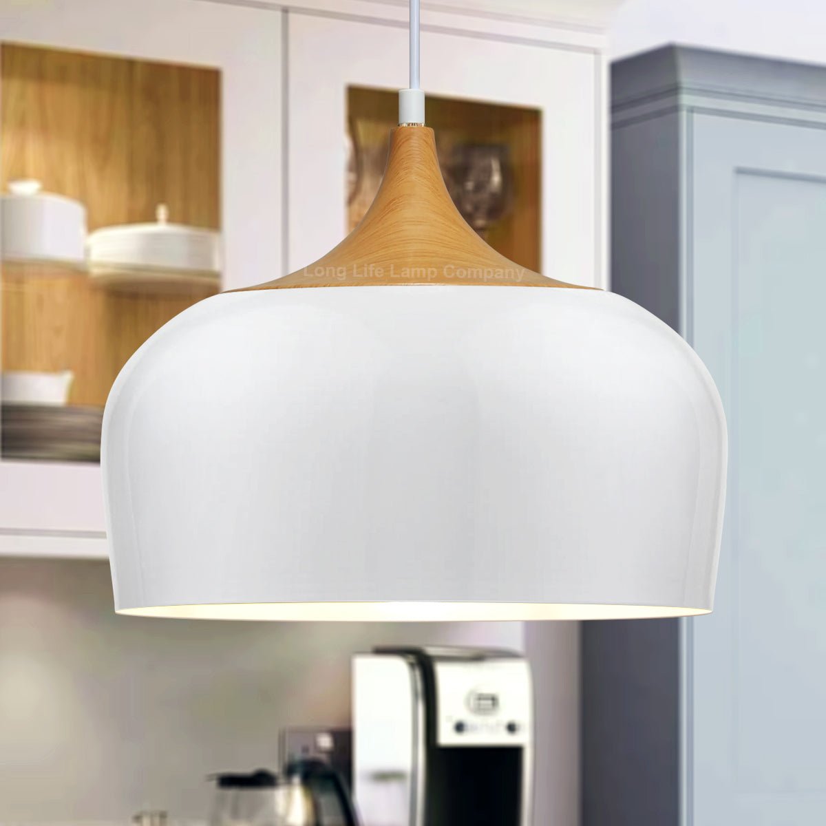 Nordic Modern Gloss White Ceiling Pendant Light Metal Lamp Shade Wood Effect Detail - Energy Light Bulbs - Free delivery on all orders