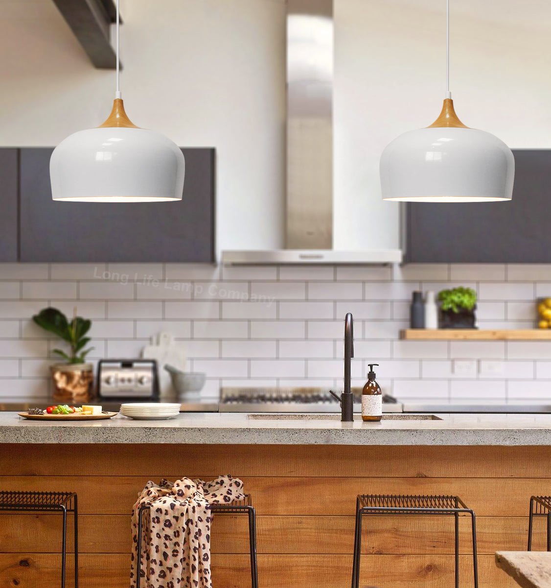 Nordic Modern Gloss White Ceiling Pendant Light Metal Lamp Shade Wood Effect Detail - Energy Light Bulbs - Free delivery on all orders