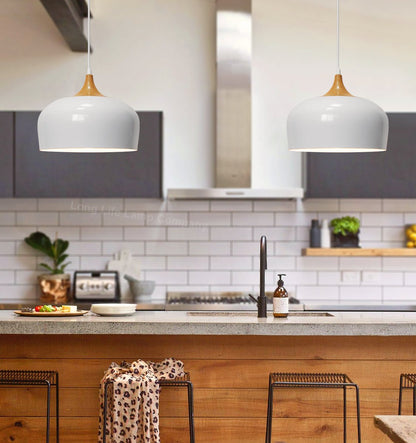 Nordic Modern Gloss White Ceiling Pendant Light Metal Lamp Shade Wood Effect Detail - Energy Light Bulbs - Free delivery on all orders