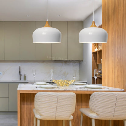 Nordic Modern Gloss White Ceiling Pendant Light Metal Lamp Shade Wood Effect Detail - Energy Light Bulbs - Free delivery on all orders