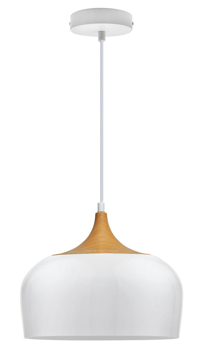 Nordic Modern Gloss White Ceiling Pendant Light Metal Lamp Shade Wood Effect Detail - Energy Light Bulbs - Free delivery on all orders