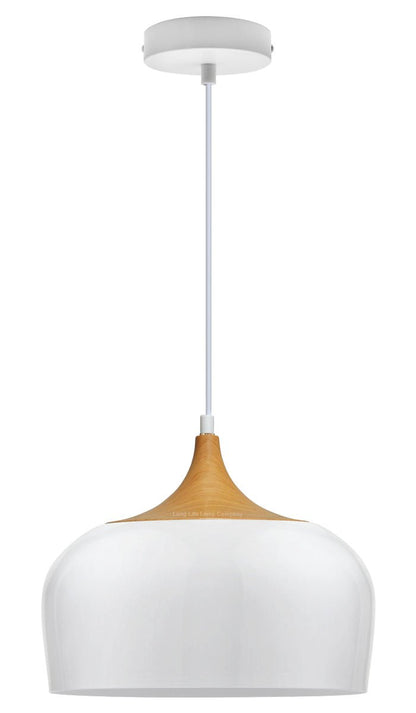 Nordic Modern Gloss White Ceiling Pendant Light Metal Lamp Shade Wood Effect Detail - Energy Light Bulbs - Free delivery on all orders