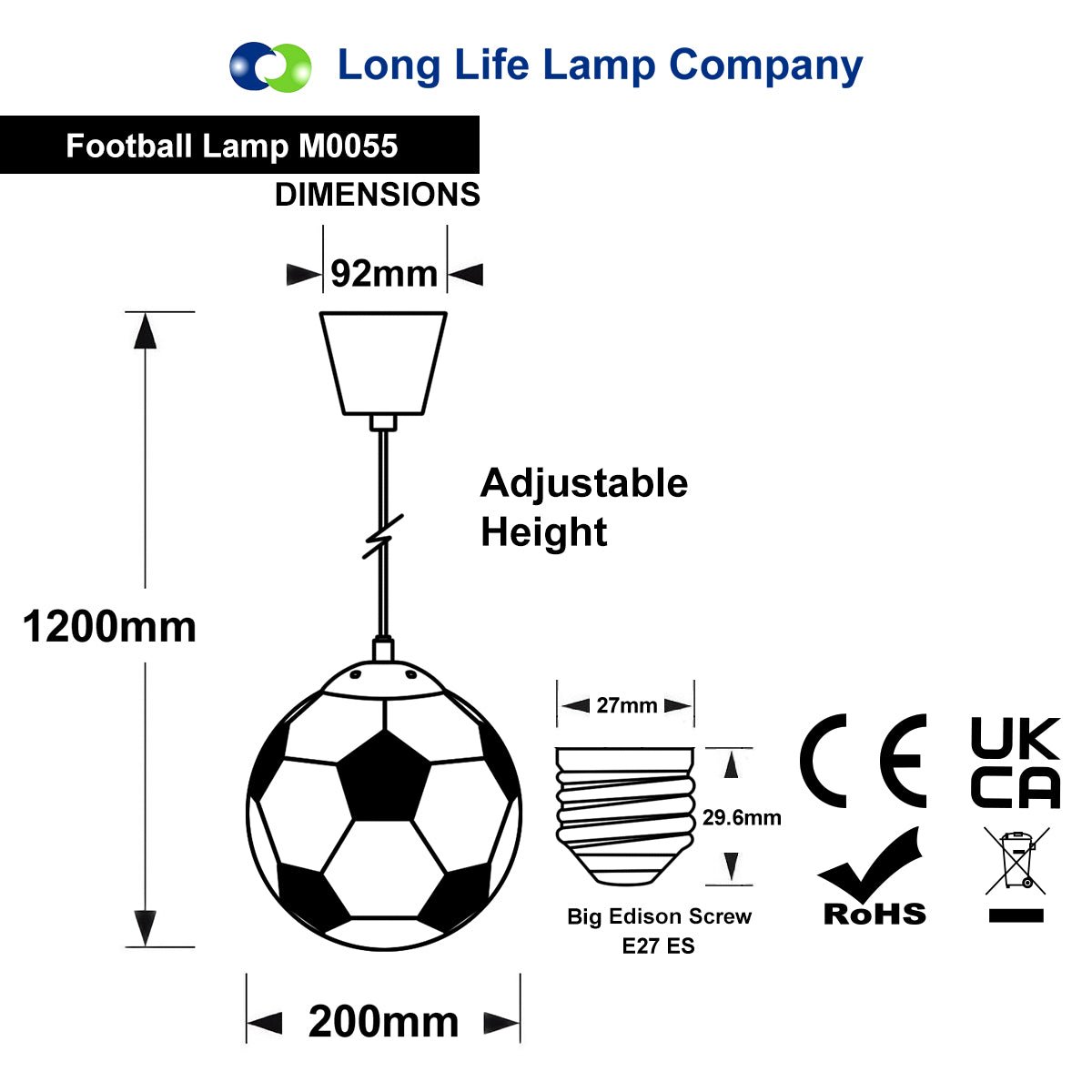 Novelty football pendant light in black and white with chrome E27 fitting for kids bedrooms and sports-themed rooms