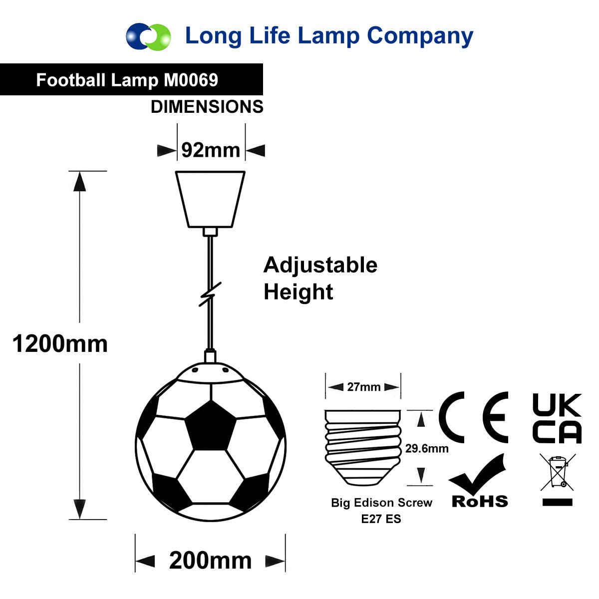 Novelty football pendant light in red and white with chrome E27 fitting for kids bedrooms and sports-themed rooms