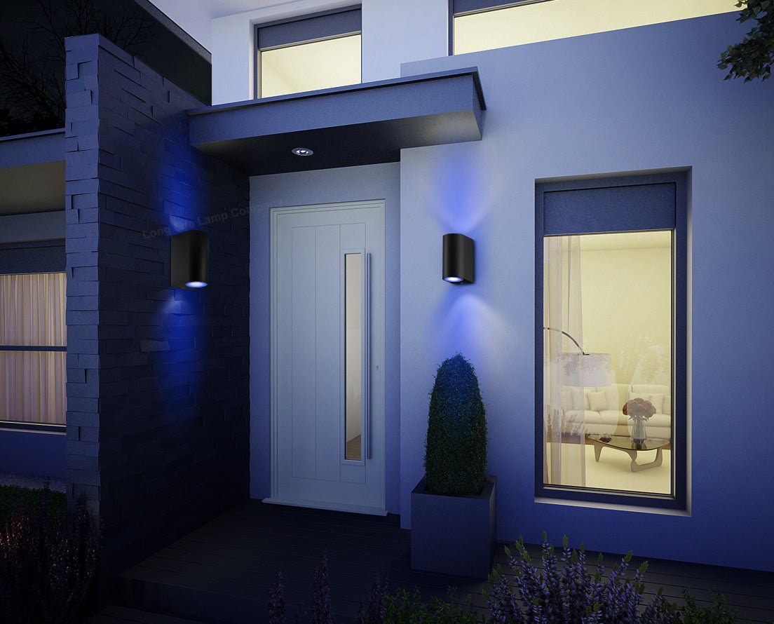 Outdoor Black Double Wall Light ZLC024 with Coloured LED GU10 Red or Green or Blue - Free delivery on all orders