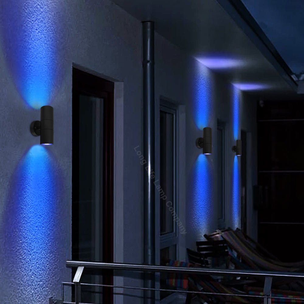 Outdoor Black Double Wall Light ZLC035B with Coloured LED GU10 Red or Green or Blue - Free delivery on all orders