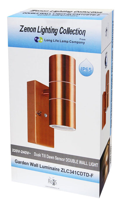 Outdoor Double Wall Light Dusk Till Dawn Sensor Copper IP65 - Energy Light Bulbs - Free delivery on all orders