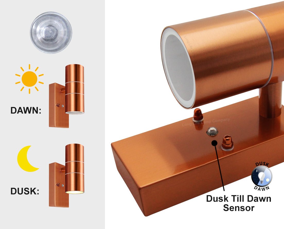 Outdoor Double Wall Light Dusk Till Dawn Sensor Copper IP65 - Energy Light Bulbs - Free delivery on all orders
