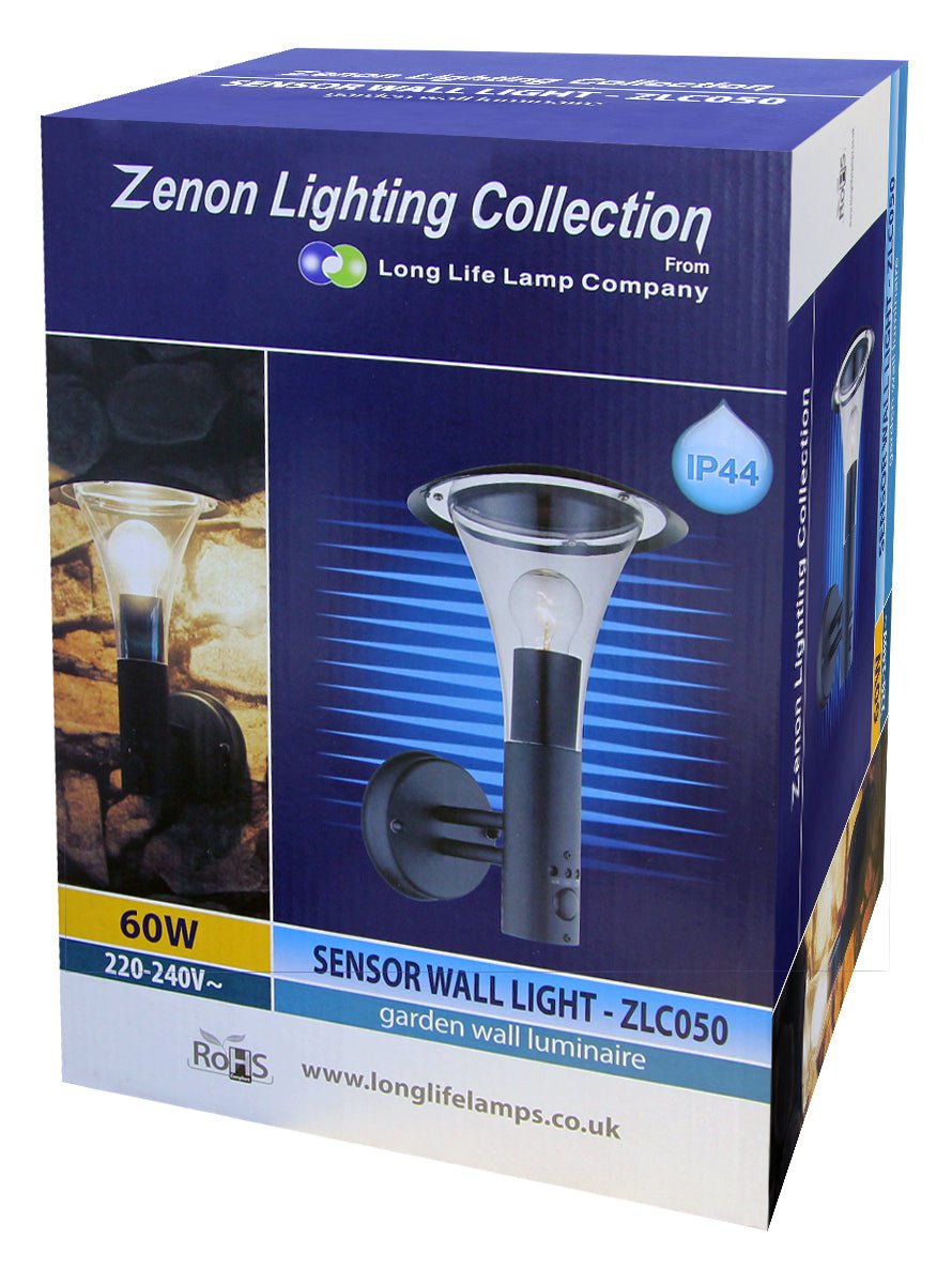 Outdoor Garden Black Finish Stainless Steel PIR Wall Light IP44 - Energy Light Bulbs - Free delivery on all orders