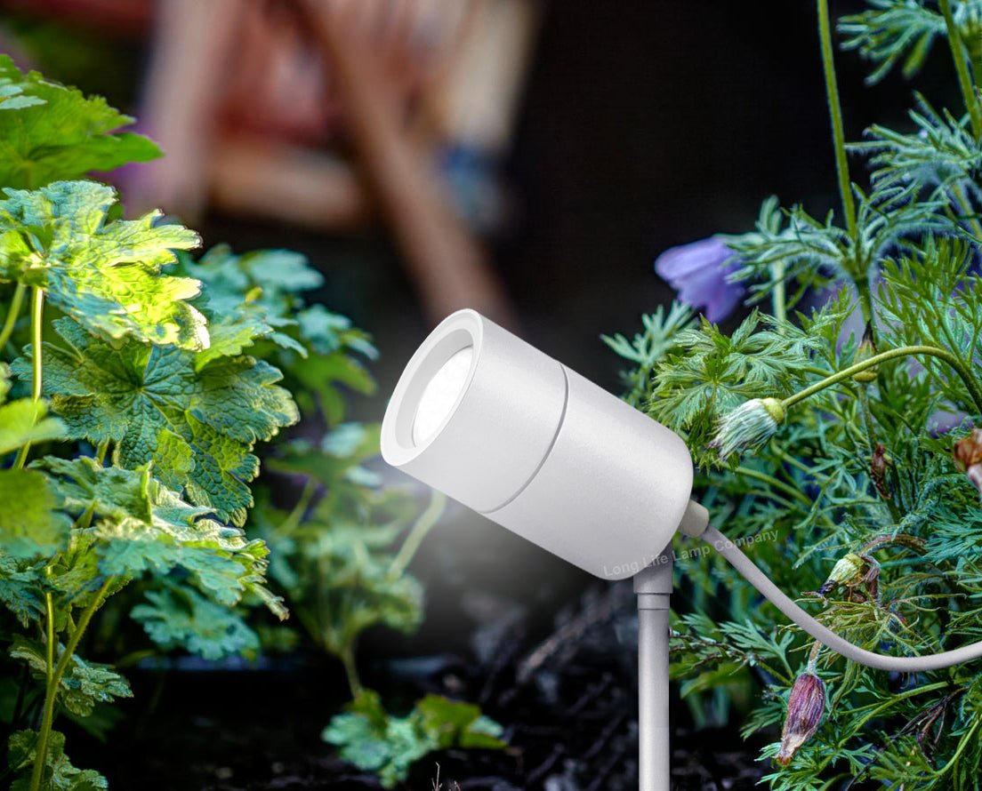 Outdoor Garden Spike Light Stainless Steel White Finish Adjustable Head IP54 - Energy Light Bulbs - Free delivery on all orders