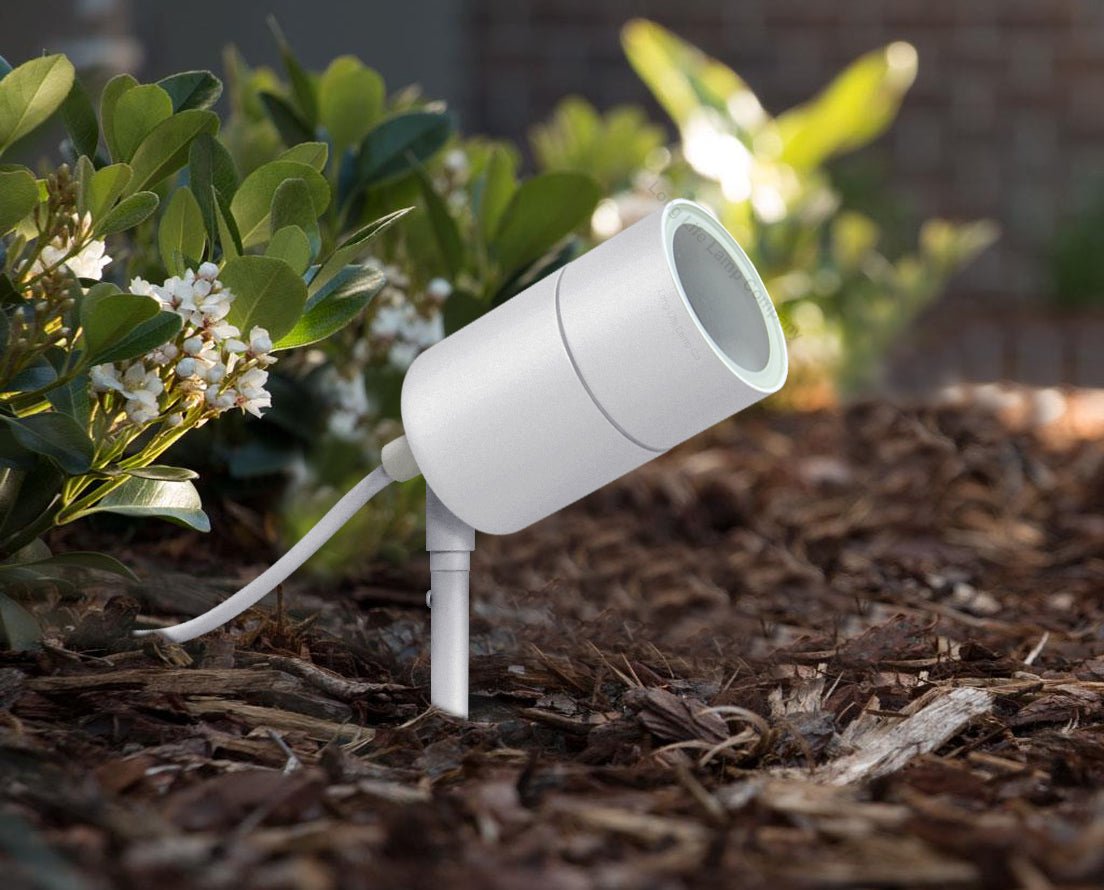 Outdoor Garden Spike Light Stainless Steel White Finish Adjustable Head IP54 - Energy Light Bulbs - Free delivery on all orders