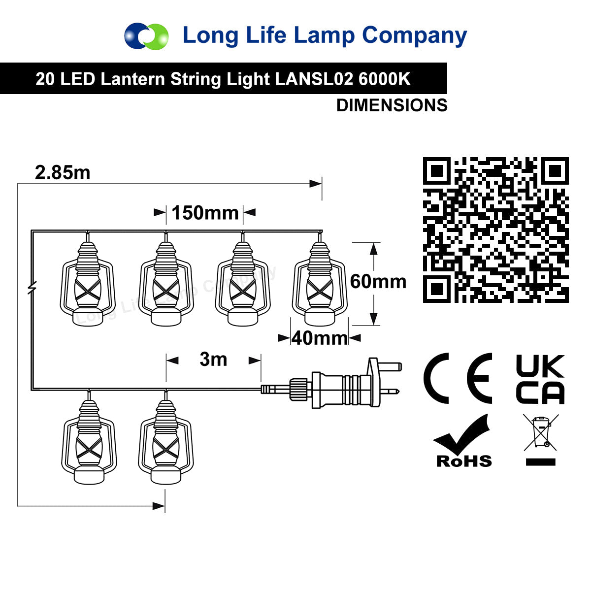 Outdoor or Indoor Mini Lantern 20 LED String Lights IP44 Mains Powered 6000K - Energy Light Bulbs - Free delivery on all orders