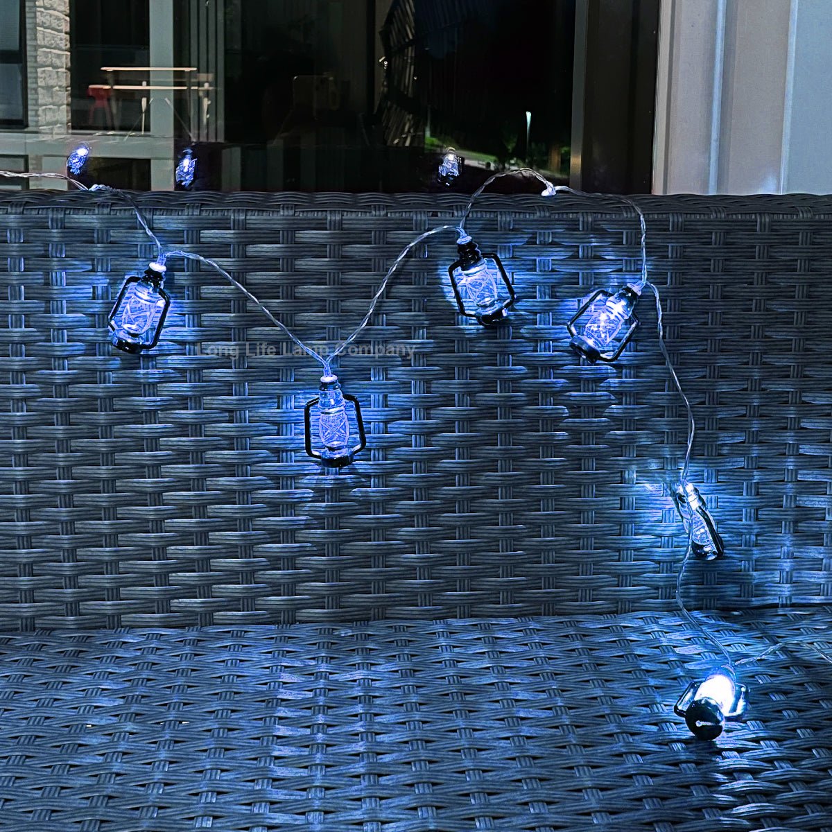 Outdoor Or Indoor Mini Lantern 20 LED String Lights IP44 Mains Powered Blue - Energy Light Bulbs - Free delivery on all orders