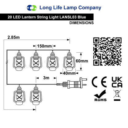 Outdoor Or Indoor Mini Lantern 20 LED String Lights IP44 Mains Powered Blue - Energy Light Bulbs - Free delivery on all orders