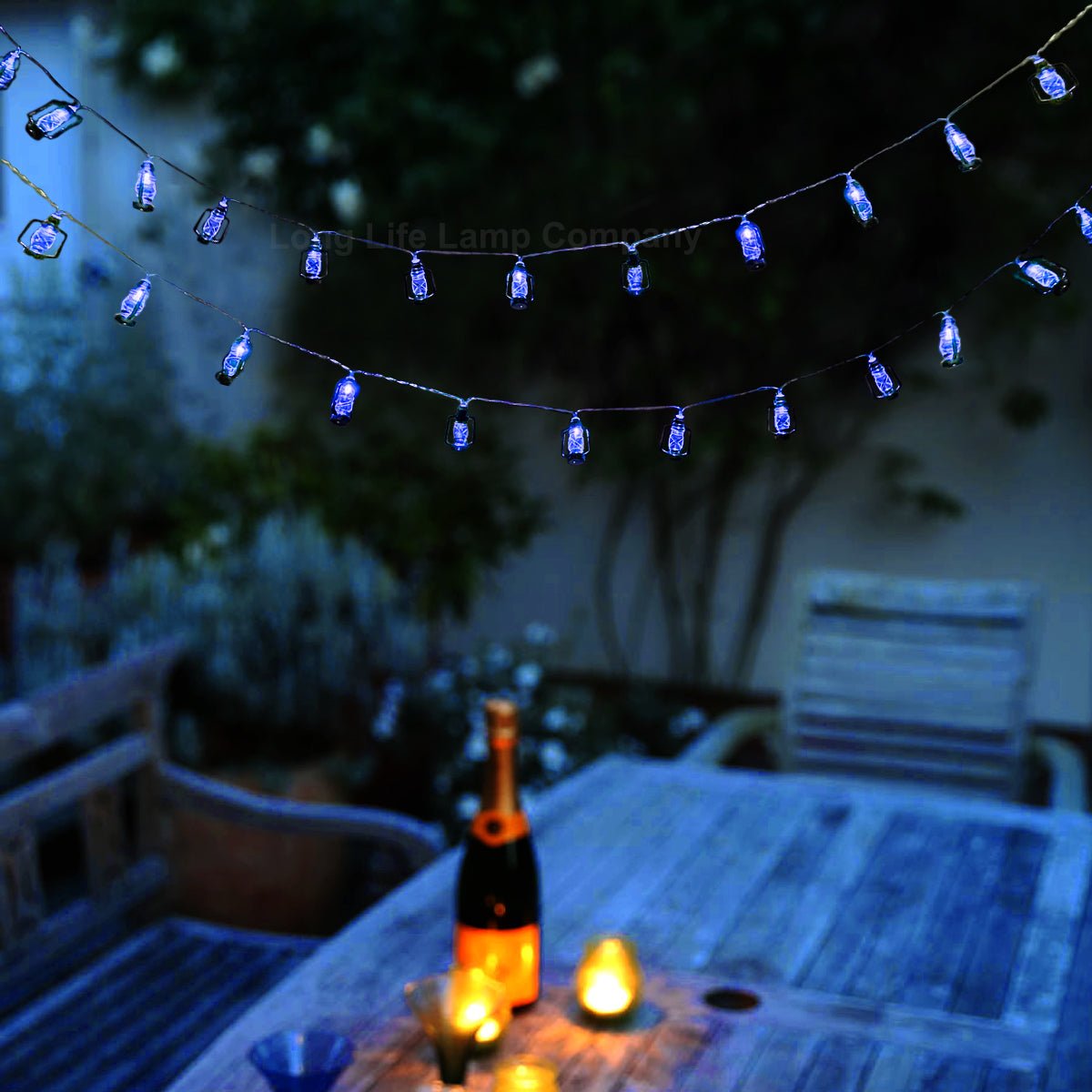 Outdoor Or Indoor Mini Lantern 20 LED String Lights IP44 Mains Powered Blue - Energy Light Bulbs - Free delivery on all orders