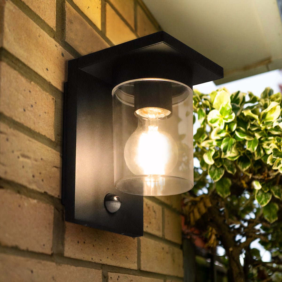 Outdoor PIR Wall Light Lantern Black Clear Lamp Shade with 4w LED Warm White - Energy Light Bulbs - Free delivery on all orders